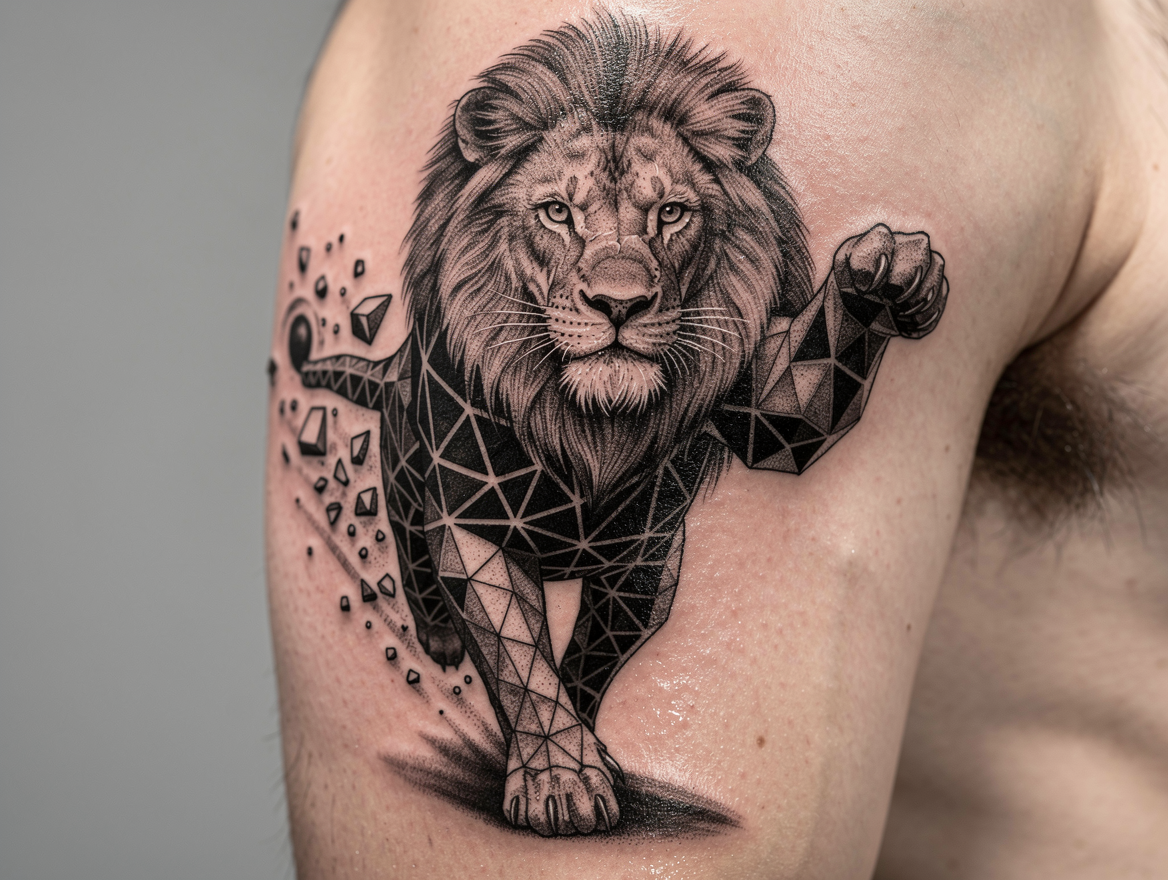AI-generated geometric lion tattoo on shoulder