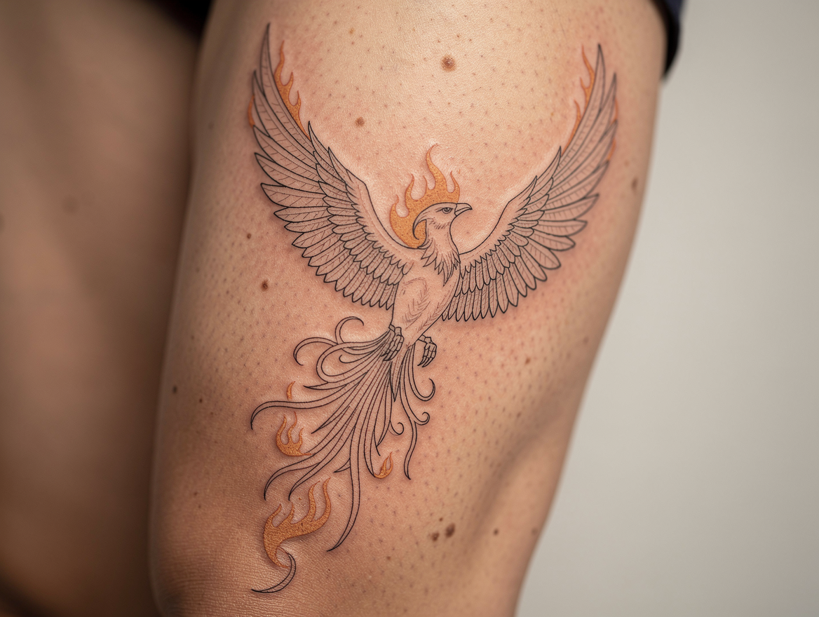 AI-generated phoenix tattoo on thigh
