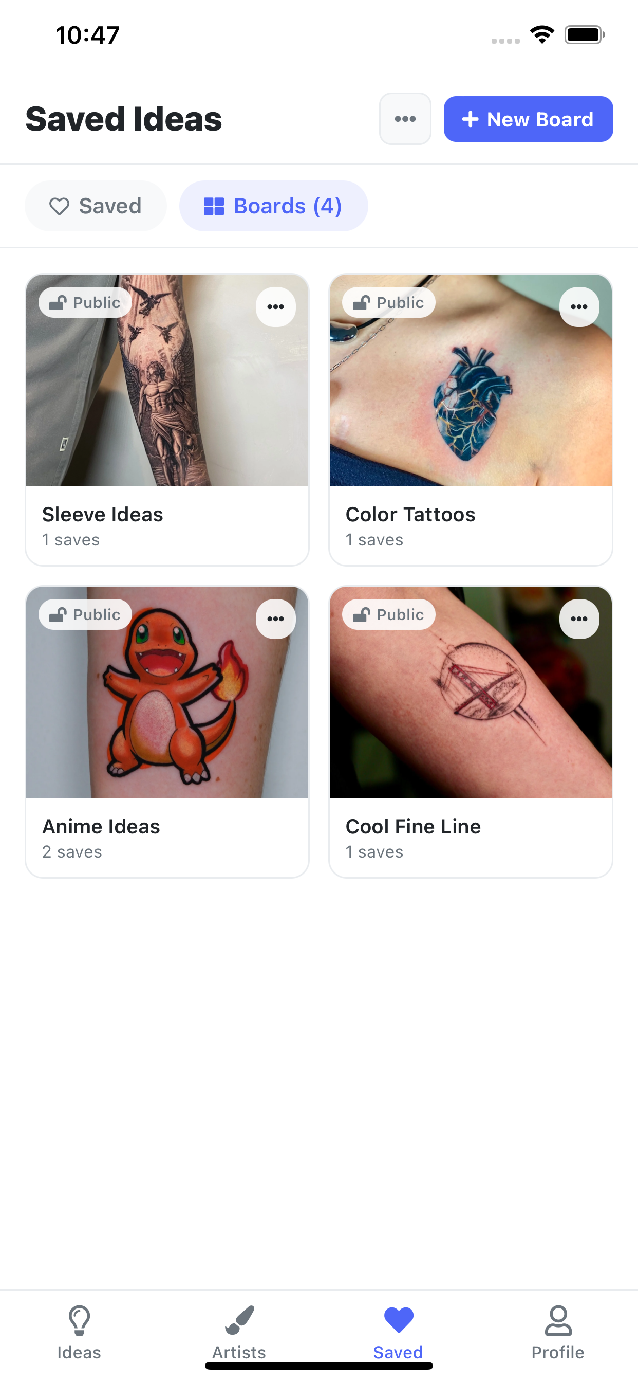 Saved inspiration boards
